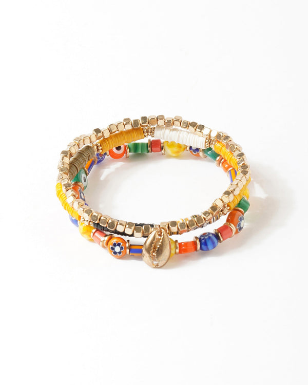 Gold Cowry Shell Rainbow Beaded Stretch Bracelets - 3 Pack